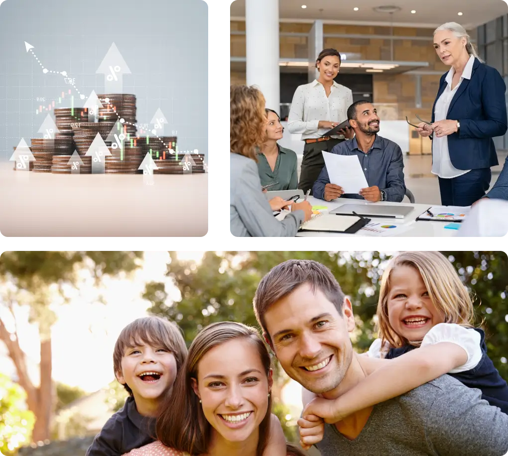 Coins, business meeting, and smiling family outdoors.