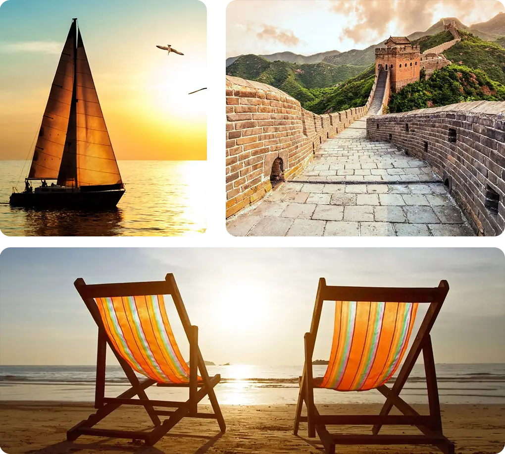 A collage of two chairs and one boat